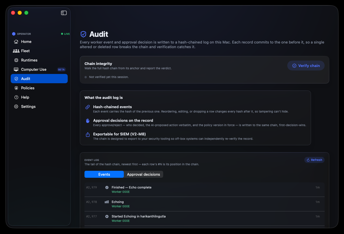 Operator audit log with chain verification