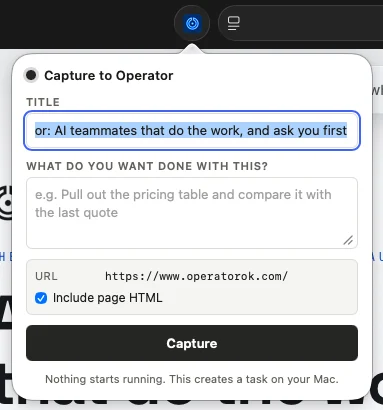 The Safari extension sending a page to Operator